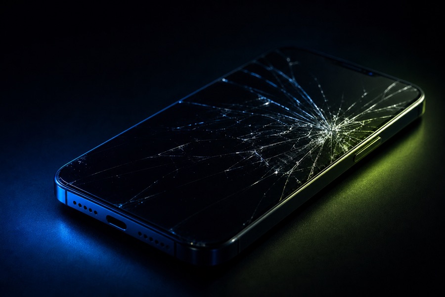 Smartphone avec une vitre fortement fissurée